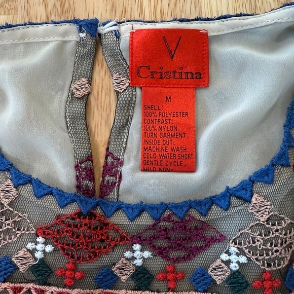 Cristina Striped Embroidered Sheer Ruffle Sleeve Dress Size M - Picture 3 of 6